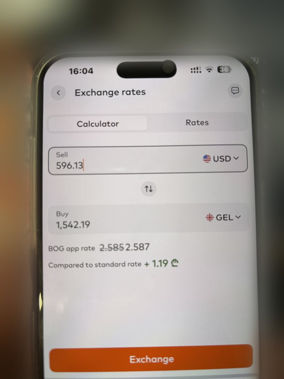 Bank of Georgiaアプリでの外貨両替のレート画面