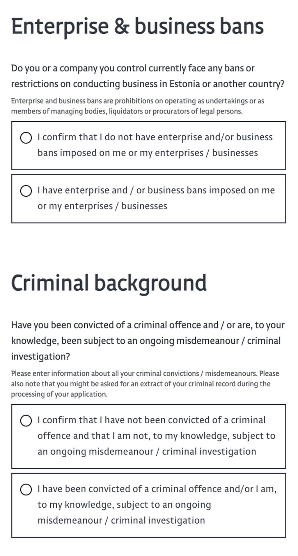 e-Residency申請Step 5の画面。Enterprise & business bansとCriminal backgroundの設問