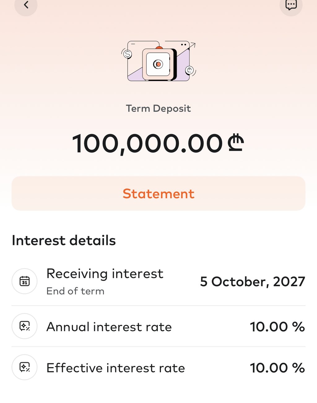 12ヶ月の定期預金が年利10.00%で成立した画面